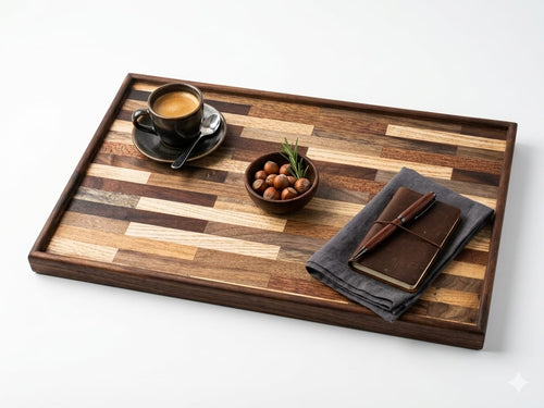 Artisan Multi-Wood Inlay Mosaic Serving Tray - Espresso & Work Companion Set